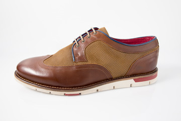 Male Brown Shoe on White Background, Isolated Product, Top View, Studio.