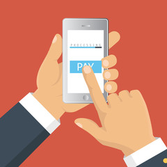 Mobile payment concept. Hand holding a phone. Smartphone wireless money transfer. Flat design. Vector illustration