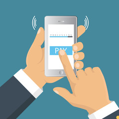 Mobile payment concept. Hand holding a phone. Smartphone wireless money transfer. Flat design. Vector illustration