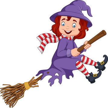 Cartoon young witch flying on a broom