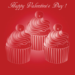 Illustration of three red cupcakes with cherries and cream paper cups