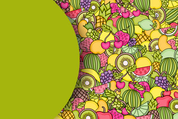 Fruits cartoon doodle design. Cute background concept for greeting card,  advertisement, banner, flyer, brochure. Hand drawn vector illustration. 