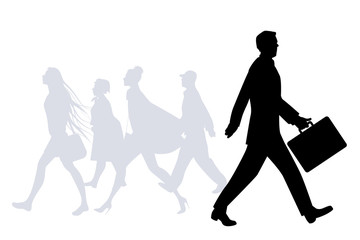 Fototapeta na wymiar Business man walking in the street. People silhouettes walking on the background