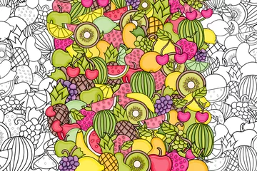 Foto op Canvas Fruits cartoon doodle outline design. Cute lineart background concept for greeting card,  advertisement, banner, flyer, brochure. Hand drawn vector illustration.  © Natalie Adams