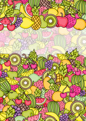 Fruits cartoon doodle design. Cute background concept for greeting card,  advertisement, banner, flyer, brochure. Hand drawn vector illustration. 
