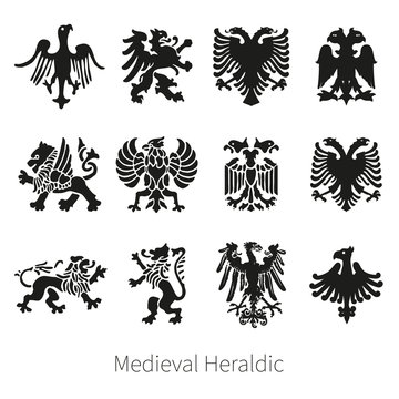 Set Heraldic Medieval vector lion, griffin and eagle
