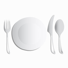 Empty plate, spoon, fork, knife