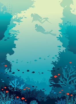 Scuba divers, coral reef, fishes, underwater sea.