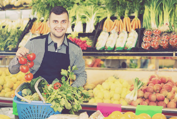 Male seller helping to choose