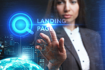 The concept of business, technology, the Internet and the network. A young entrepreneur working on a virtual screen of the future and sees the inscription: Landing page
