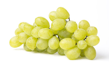 Fresh green grapes with waterdrops on the white background.