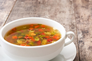 Vegetable soup in bowl on wooden table
