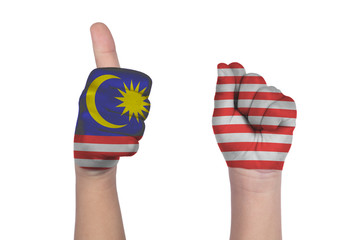 Child's hands showing gesture sixty with Malaysia flag painted