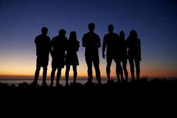Group of young adults admiring sunset by the seaside