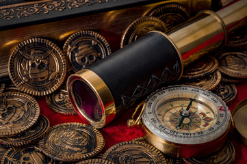 Surrender the booty and pirate raids concept with closeup on a spyglass used in the old days in...