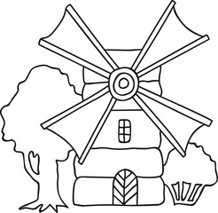 Hand drawn vector illustration flouring windmill countryside trees, landscape, coloring page adults kids, template