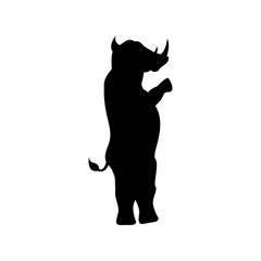 Rhino silhouette stands on two legs isolated on white background