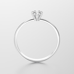 3D illustration white gold or silver traditional solitaire engagement ring with diamond with reflection