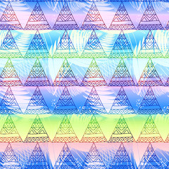 Seamless pattern with ornate triangles and palm leaves