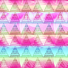 Seamless pattern with ornate triangles and palm leaves