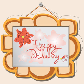 Happy Birthday. Picture. The frame on the wall. Stylized wooden frame with a pattern, photography, painting, kids drawing, gift, greeting.