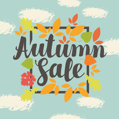 Naklejka premium Vector banner with the inscription Autumn sale. Can be used for flyers, banners or posters. Vector illustration with colorful autumn leaves on the blue sky background with clouds