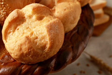 Loaves in braided bread basket, closeup
