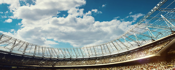 crowded soccer stadium with tribunes on blue cloudy sky background