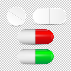 Set of isolated pills for treatment. Standard tablets and pills vector set isolated on transparent background. Realistic vector illustration.