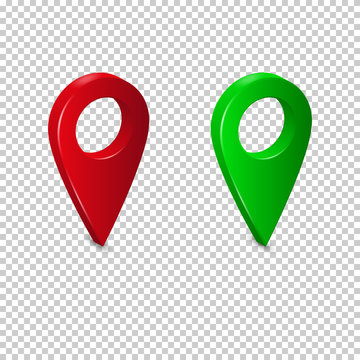 The pointer for the location on the map is green and red on transparent background. Realistic vector illustration.