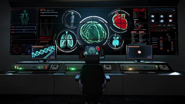 Human medical care center, main control room, humanoid, Scanning Brain in digital display dashboard. X-ray view