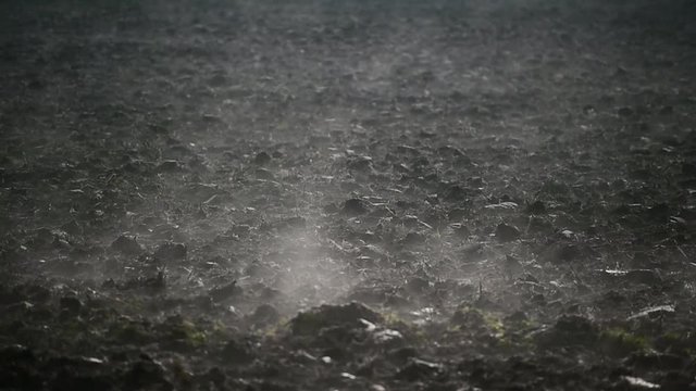 Steam coming out from the ground on a field in summer