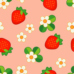 Summer pattern with Strawberries and Flowers. Strawberry background. Textile rapport.