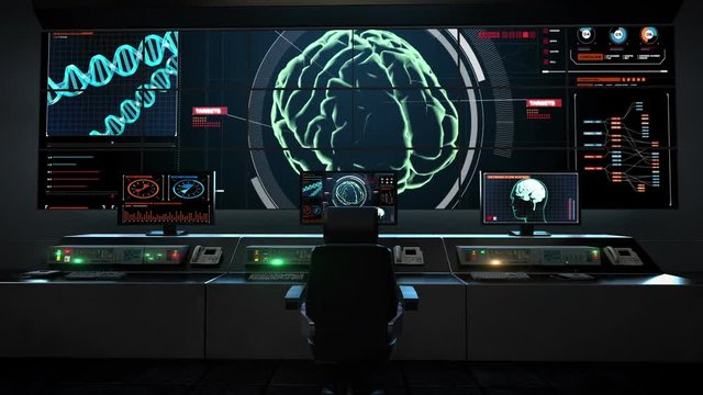 Human medical care center, main control room, Scanning Brain in digital display dashboard. X-ray view