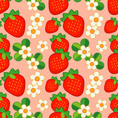 Summer pattern with Strawberries and Flowers. Strawberry background. Textile rapport.
