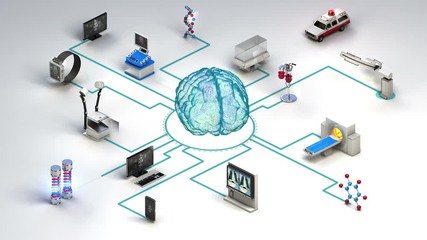 Various health care devices, Medical Equipment connecting digital brain. MRI scanner, ct, x-ray. Artificial intelligence. - Powered by Adobe
