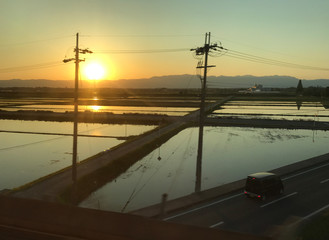 鉄道の車窓から見た日本の夕焼けの田園風景