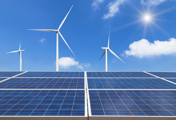 solar cells and wind turbines generating electricity in  power station alternative renewable energy from nature  Ecology concept.   