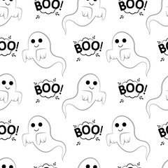 Abstract seamless pattern for girls or boys. Creative vector background with ghost, cloud boo, halloween. Funny wallpaper for textile and fabric. Fashion style. Colorful bright picture for children.