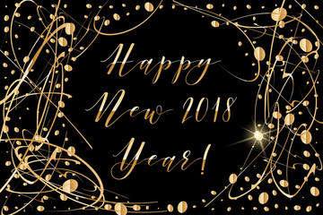 Vector Happy New year 2018 background with shiny drops and glitter on black