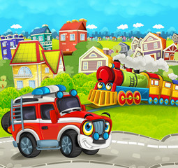 Cartoon train scene in the city and off road fireman truck- illustration for children