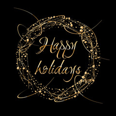 Vector Abstract shiny color gold design element with glitter effect on dark background. Happy Holidays greeting card wreath