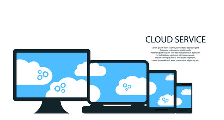 modern cloud services and Cloud Computing Elements Concept. Devices connected to the cloud with Gears. Flat Illustration.