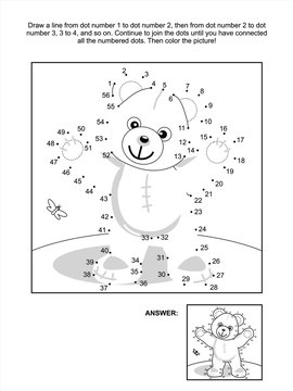 Connect the dots picture puzzle and coloring page - teddy bear. Answer included.
