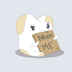 A cute tooth sits on the ground with a sign where it says BRUSH ME