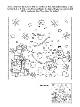 Connect the dots picture puzzle and coloring page, Christmas or New Year winter holiday themed, with gift boxes, christmas tree, snowman, teddy bear, snowflakes
