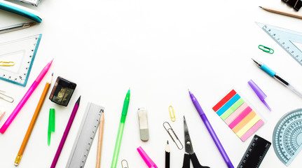 Set of stationery on white table, top view. School Concept