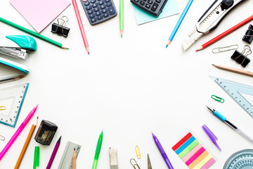 Set of stationery on white table, top view. School Concept