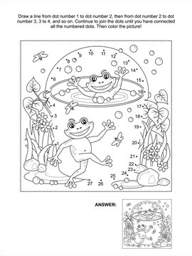 Connect the dots picture puzzle and coloring page, spring or summer joy themed, with happy frogs, bucket full of water, bubbles, puddles, grass, flowers, insects
