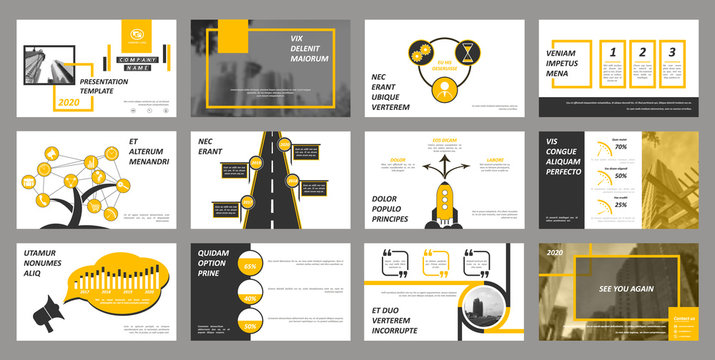 Creative Set Of Abstract Infographic Elements. Modern Presentation Template With Title Sheet. Brochure Design In Dark Grey, White And Yellow Colors. Vector Illustration. City Street Image. Urban.